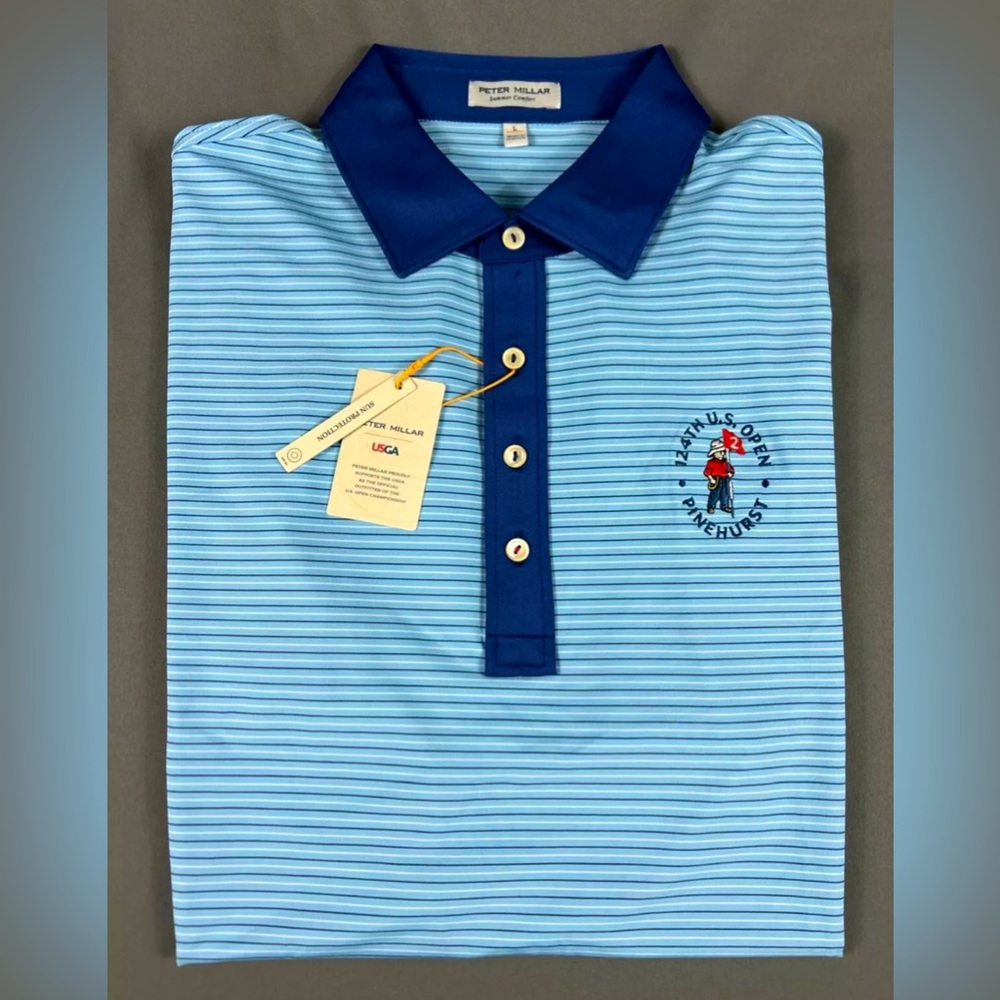 Peter Millar Golf Shirt Polo Pinehurst US Open Pinehurst Logo Large Blue